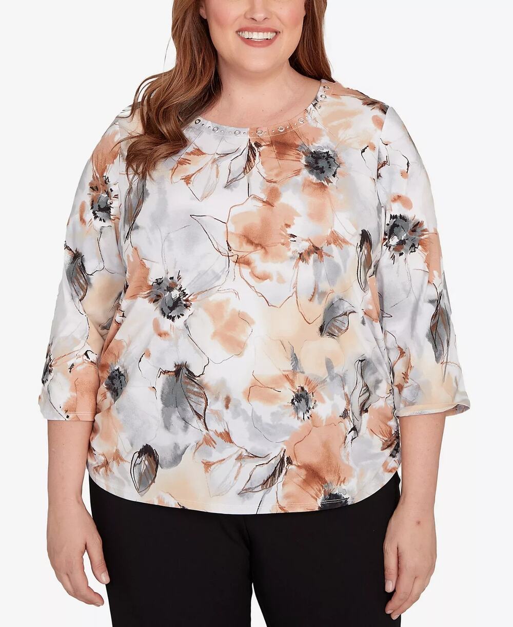 Alfred Dunner Plus Size Floral Gathered Sides Crew Neck Top Multi Size 2X 3113